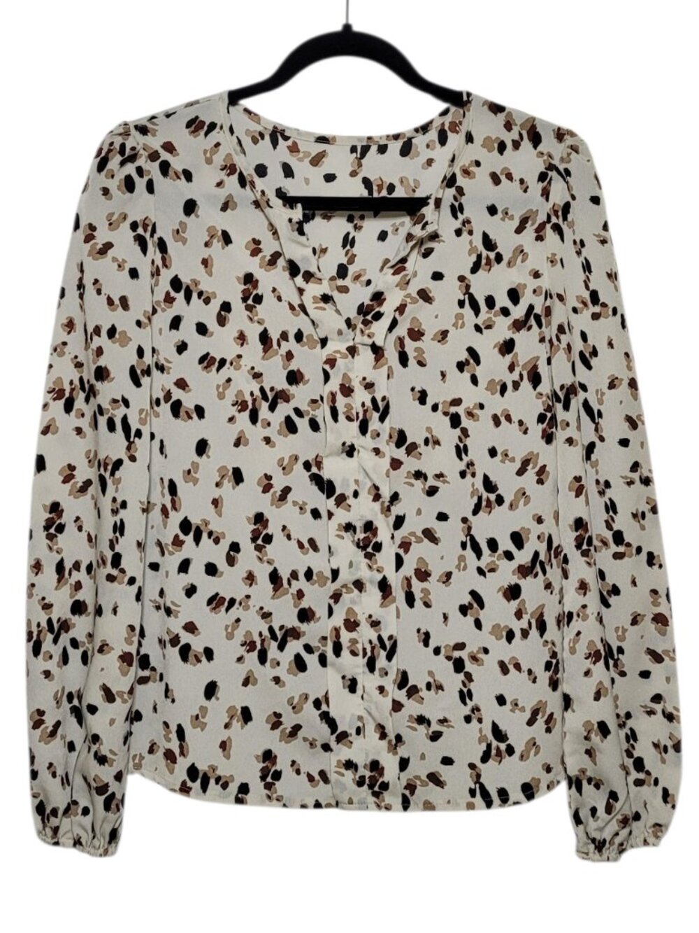 Emery Rose Allover Print Notched Neck Blouse Neutral Leopard Lantern Sleeve Top